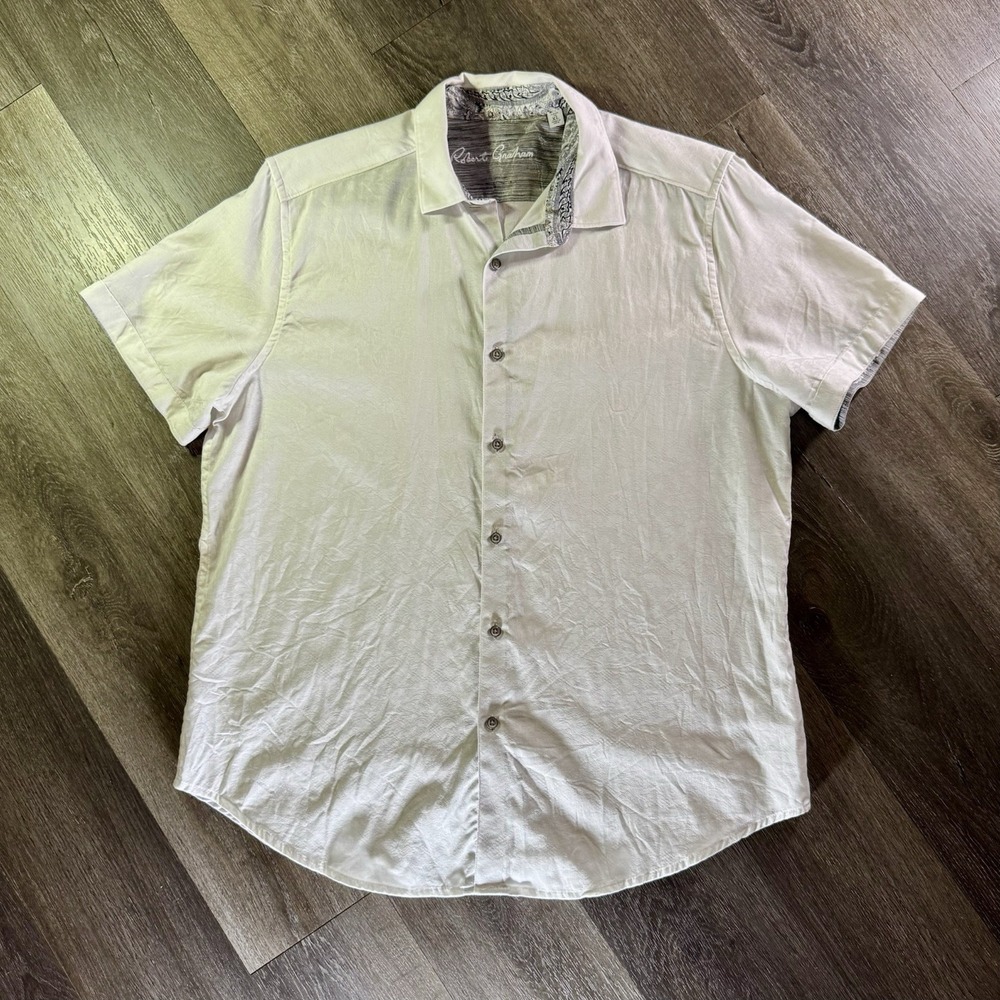 Robert Graham Shirt Men XL White Paisley Flip Cuff Button Up Short Sleeve